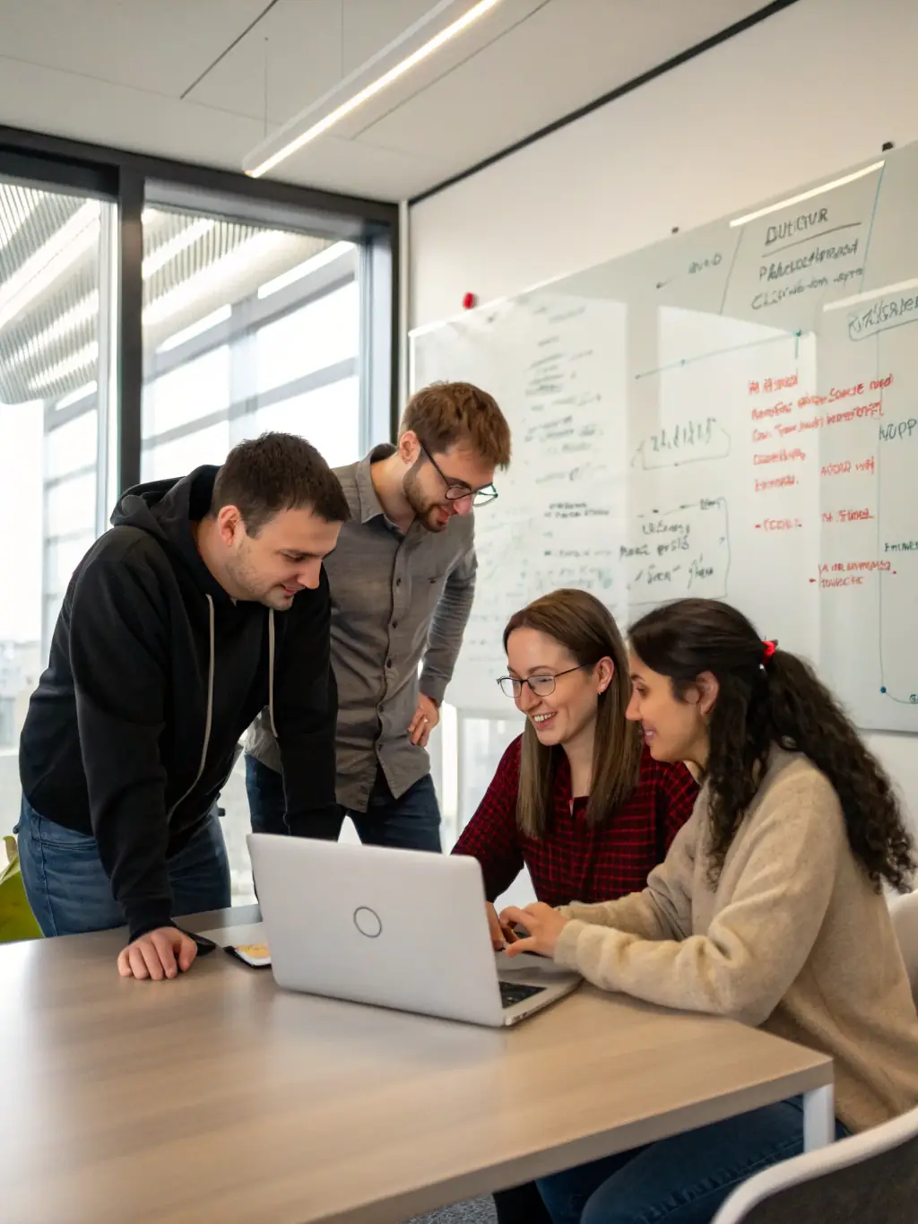 A team of software developers collaborating on a custom software project, showcasing their expertise and attention to detail.